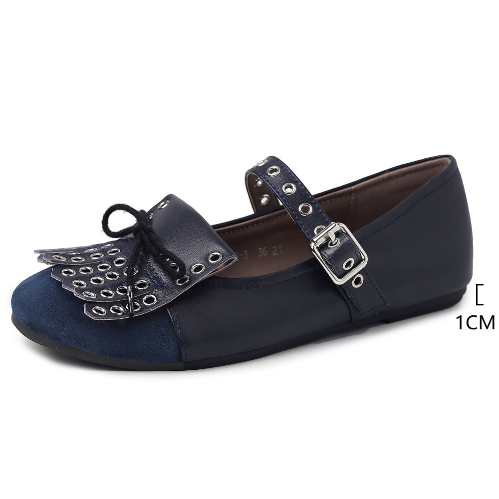 Spring Summer Shallow Mouth Women Shoes Genuine Leather Retro Flat Mary Jane Shoes Rivets Tassel Bow Sweet Cool Daily Wear 60422