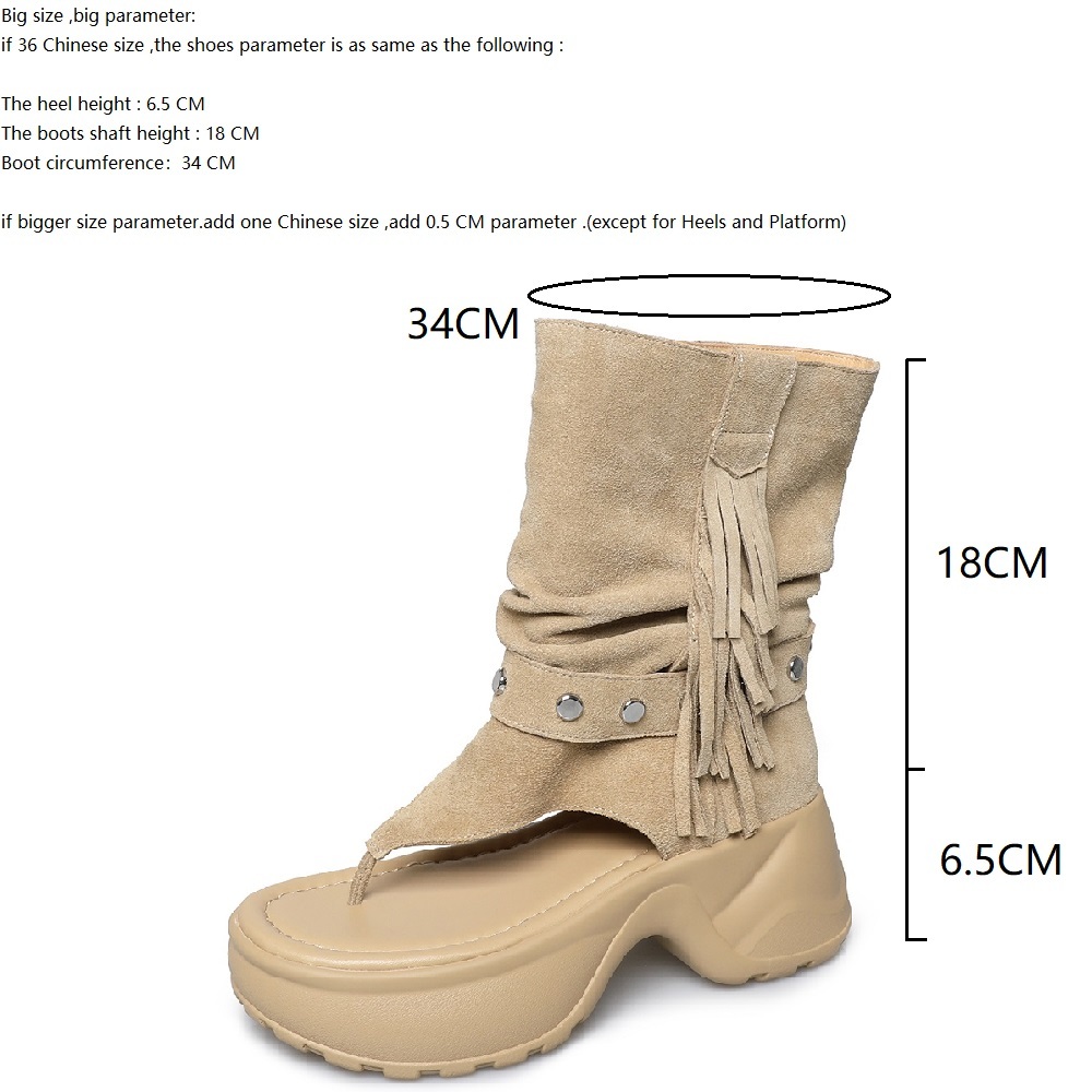 Women's Genuine Leather Rivets Clip Toe Tassel 6.5 CM Platform Casual Ankle Boots Retro Western Slip On Summer Sandal Slouchy Boots 60425
