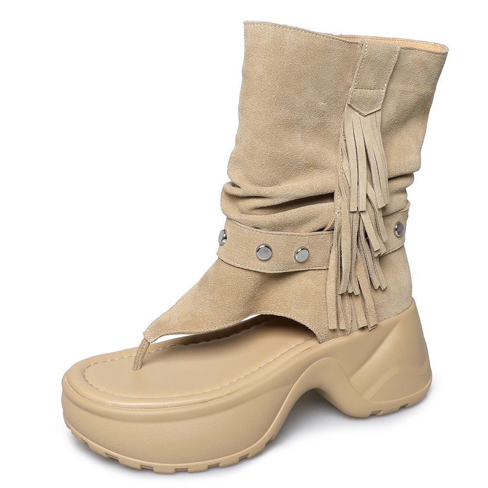 Women's Genuine Leather Rivets Clip Toe Tassel 6.5 CM Platform Casual Ankle Boots Retro Western Slip On Summer Sandal Slouchy Boots 60425