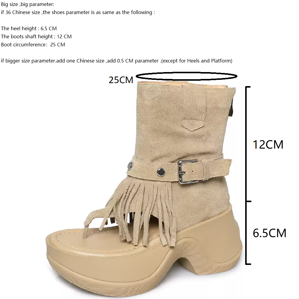 Women's Genuine Leather Gladiator Retro Sandals Summer Toe Post Tassel Rivets 6.5 CM Block Heel Platform Zipper Belt Buckle Ankle Boots 60427
