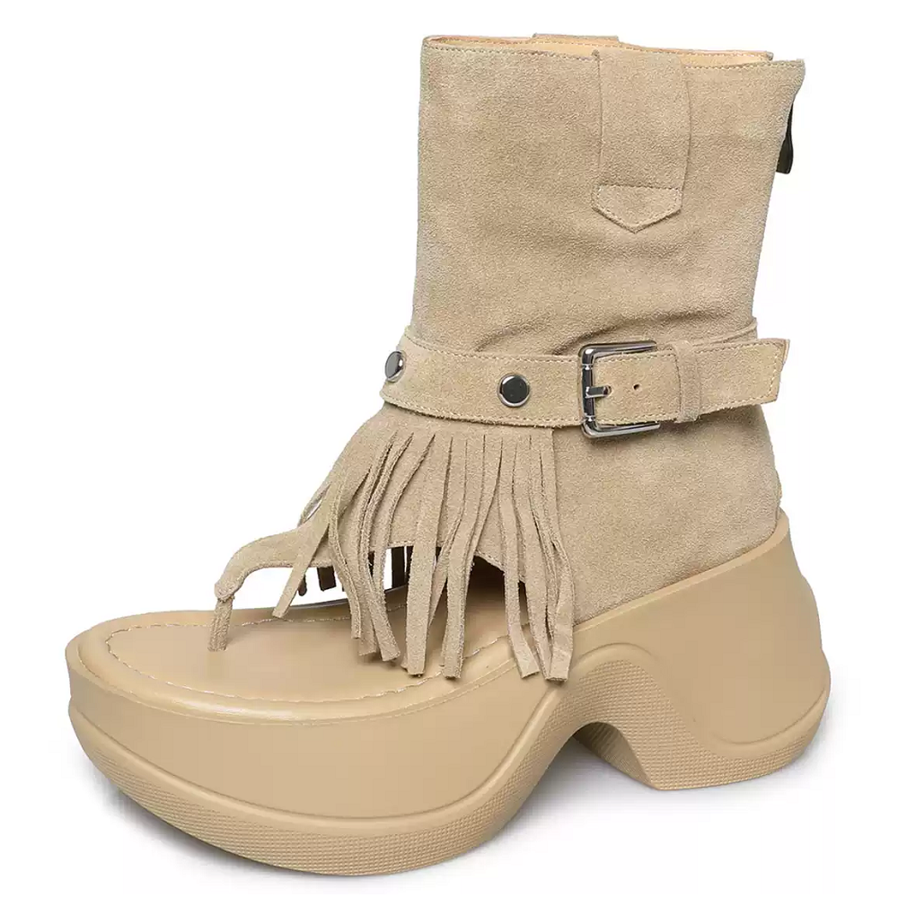 Women's Genuine Leather Gladiator Retro Sandals Summer Toe Post Tassel Rivets 6.5 CM Block Heel Platform Zipper Belt Buckle Ankle Boots 60427
