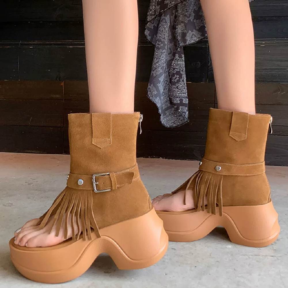 Women's Genuine Leather Gladiator Retro Sandals Summer Toe Post Tassel Rivets 6.5 CM Block Heel Platform Zipper Belt Buckle Ankle Boots 60427