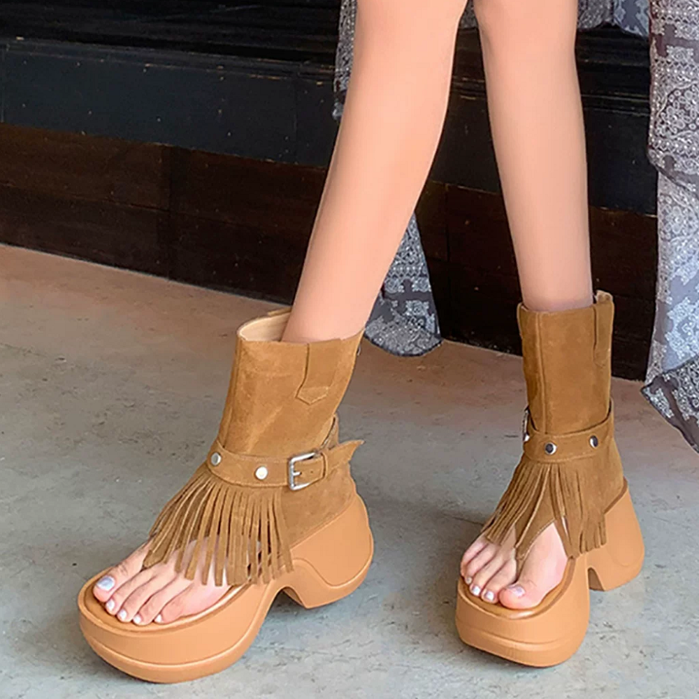 Women's Genuine Leather Gladiator Retro Sandals Summer Toe Post Tassel Rivets 6.5 CM Block Heel Platform Zipper Belt Buckle Ankle Boots 60427