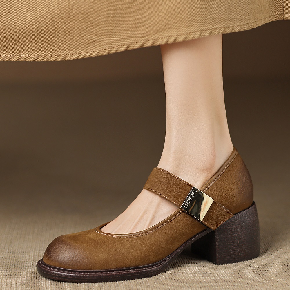 French Retro Genuine Leather Shallow Mouth Hook Loop Single Strap 6 CM Square Heel Women's Casual Versatile Commuter Shoes 60428