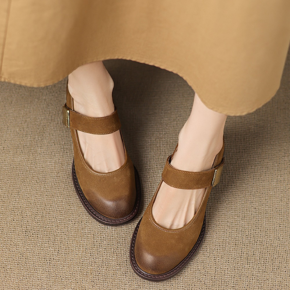 French Retro Genuine Leather Shallow Mouth Hook Loop Single Strap 6 CM Square Heel Women's Casual Versatile Commuter Shoes 60428