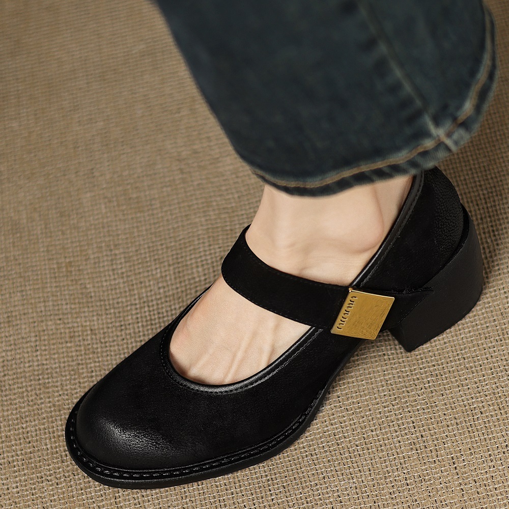 French Retro Genuine Leather Shallow Mouth Hook Loop Single Strap 6 CM Square Heel Women's Casual Versatile Commuter Shoes 60428