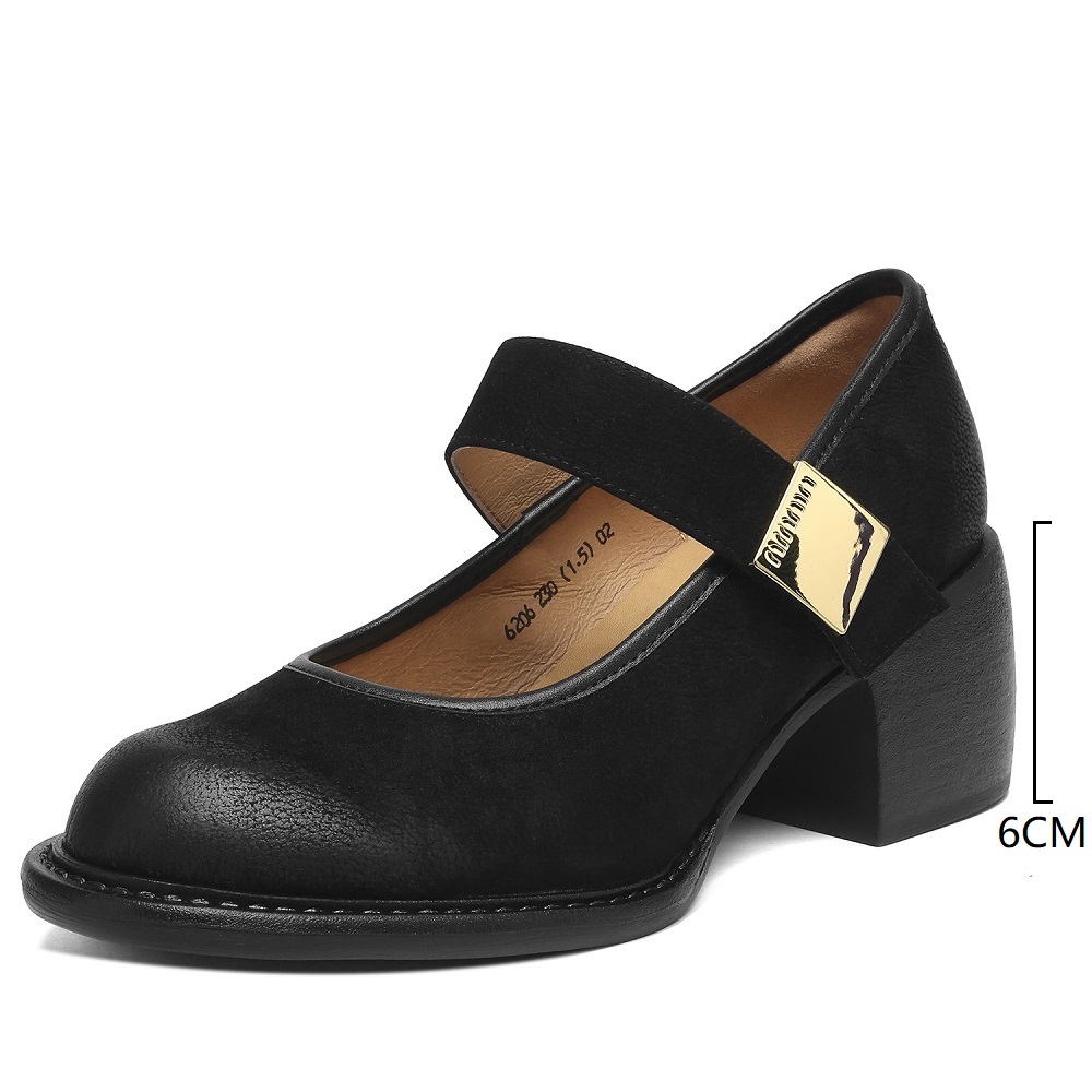 French Retro Genuine Leather Shallow Mouth Hook Loop Single Strap 6 CM Square Heel Women's Casual Versatile Commuter Shoes 60428
