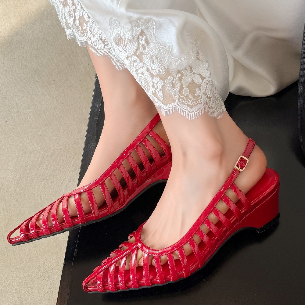 Summer Genuine Leather Thin Strap Cut Out 4.8 CM Square Heel Pointed Toe Belt Buckle Gladiator Shoes Holiday Casual Fashion Sandals 60428