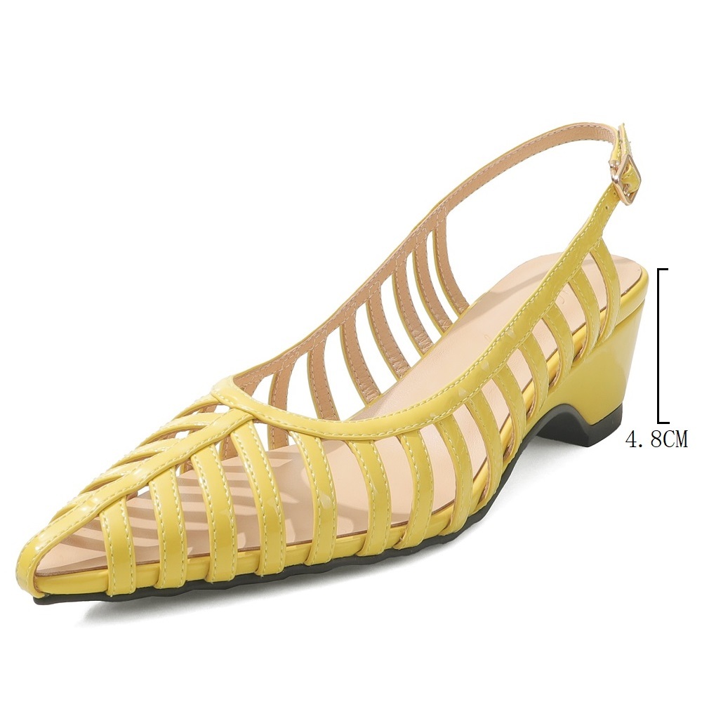Summer Genuine Leather Thin Strap Cut Out 4.8 CM Square Heel Pointed Toe Belt Buckle Gladiator Shoes Holiday Casual Fashion Sandals 60428