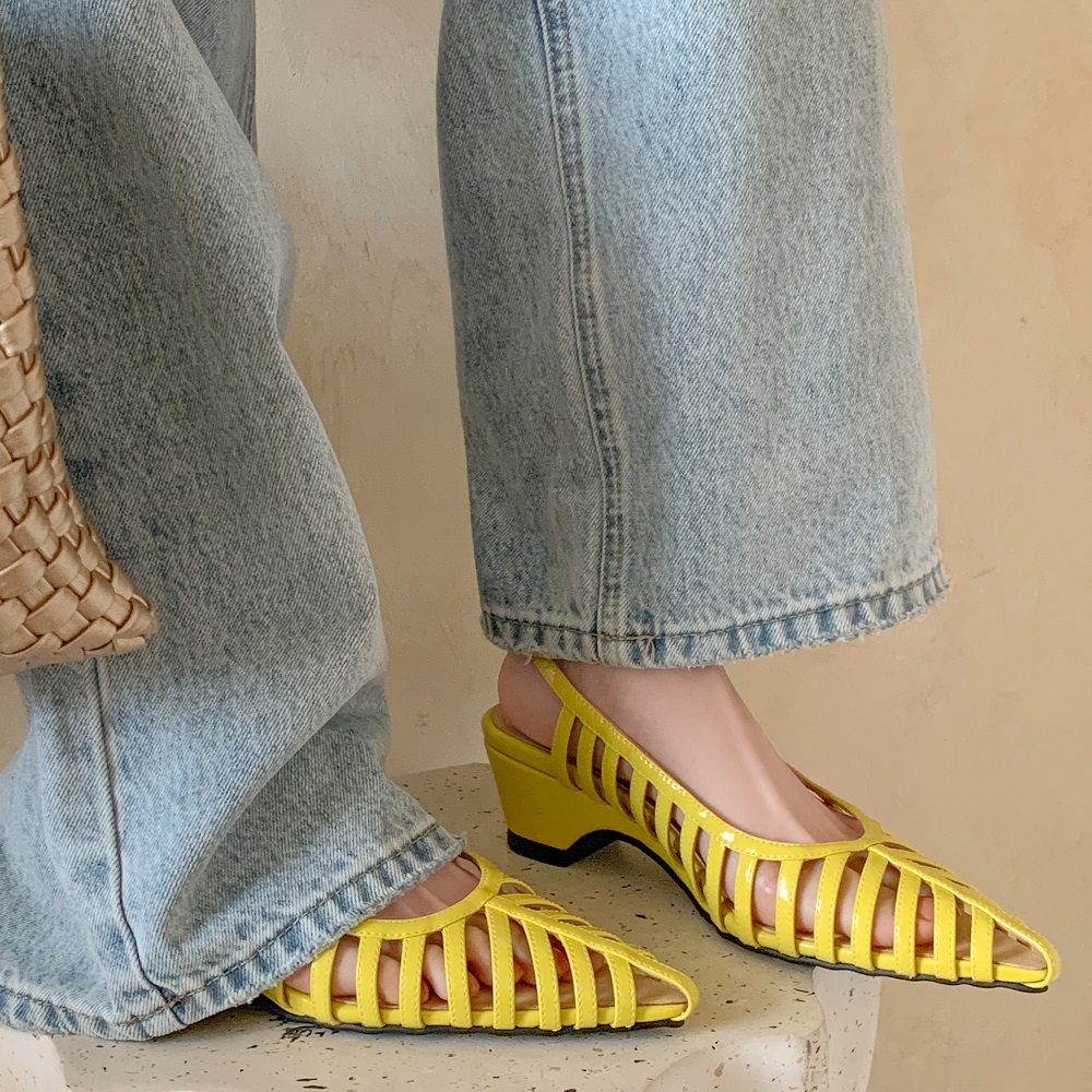 Summer Genuine Leather Thin Strap Cut Out 4.8 CM Square Heel Pointed Toe Belt Buckle Gladiator Shoes Holiday Casual Fashion Sandals 60428