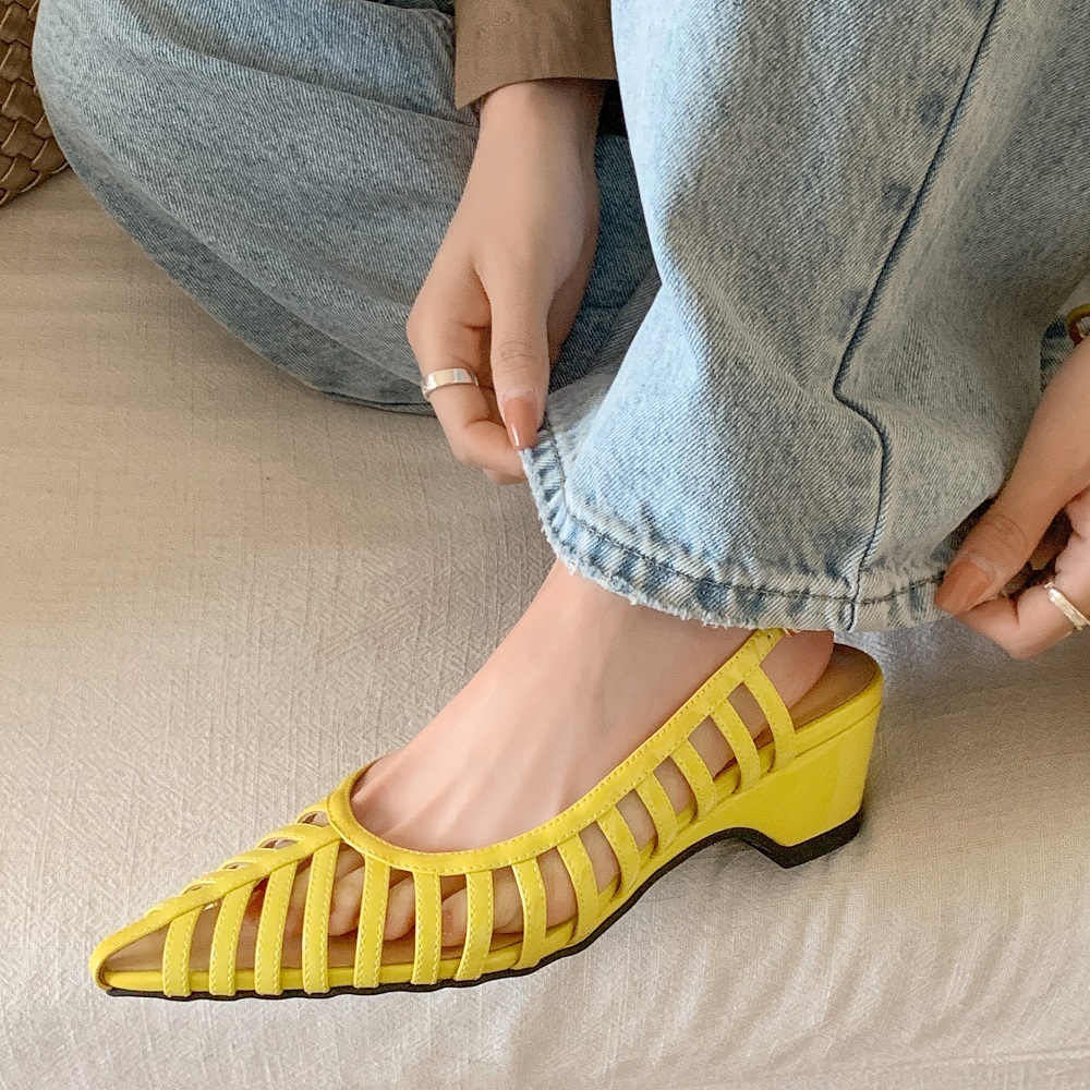 Summer Genuine Leather Thin Strap Cut Out 4.8 CM Square Heel Pointed Toe Belt Buckle Gladiator Shoes Holiday Casual Fashion Sandals 60428