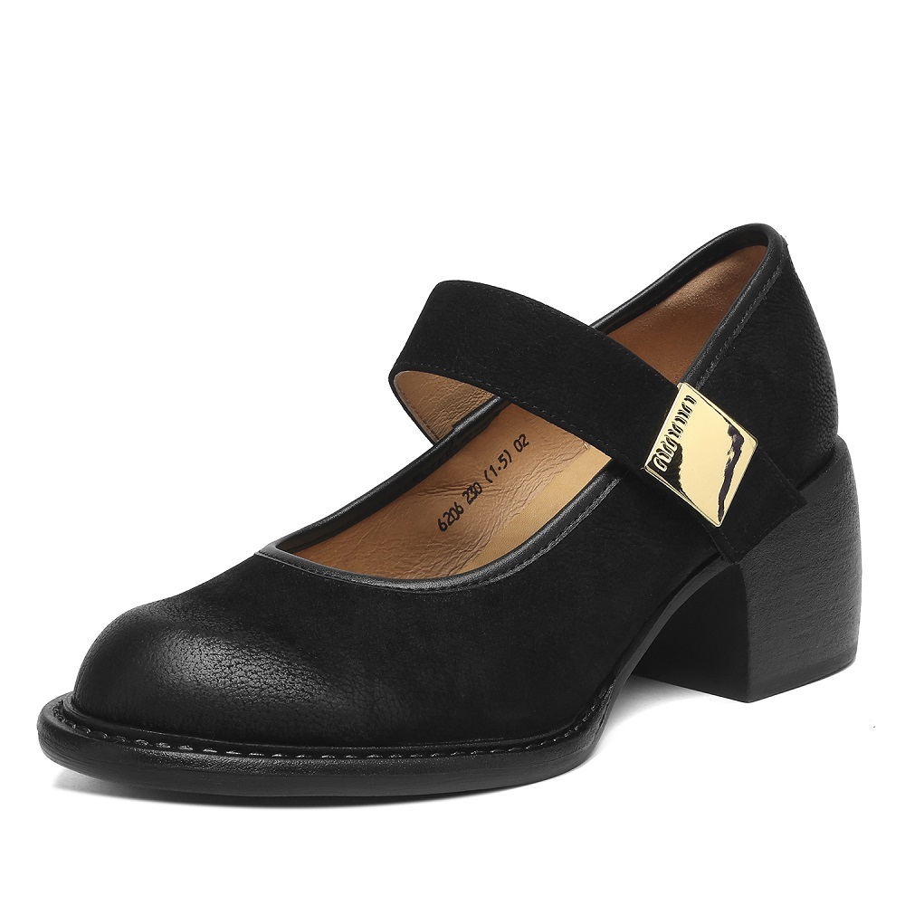French Retro Genuine Leather Shallow Mouth Hook Loop Single Strap 6 CM Square Heel Women's Casual Versatile Commuter Shoes 60428