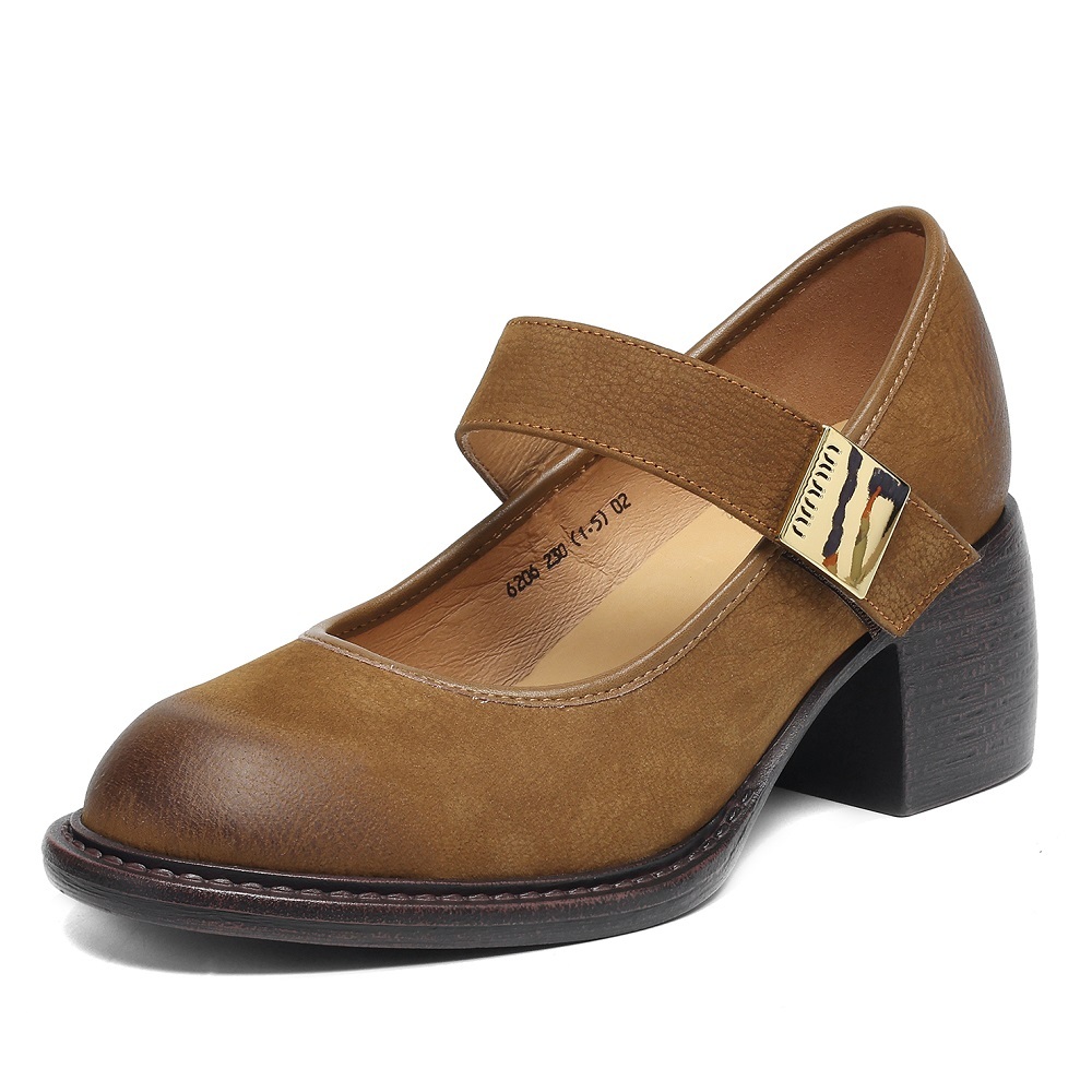 French Retro Genuine Leather Shallow Mouth Hook Loop Single Strap 6 CM Square Heel Women's Casual Versatile Commuter Shoes 60428