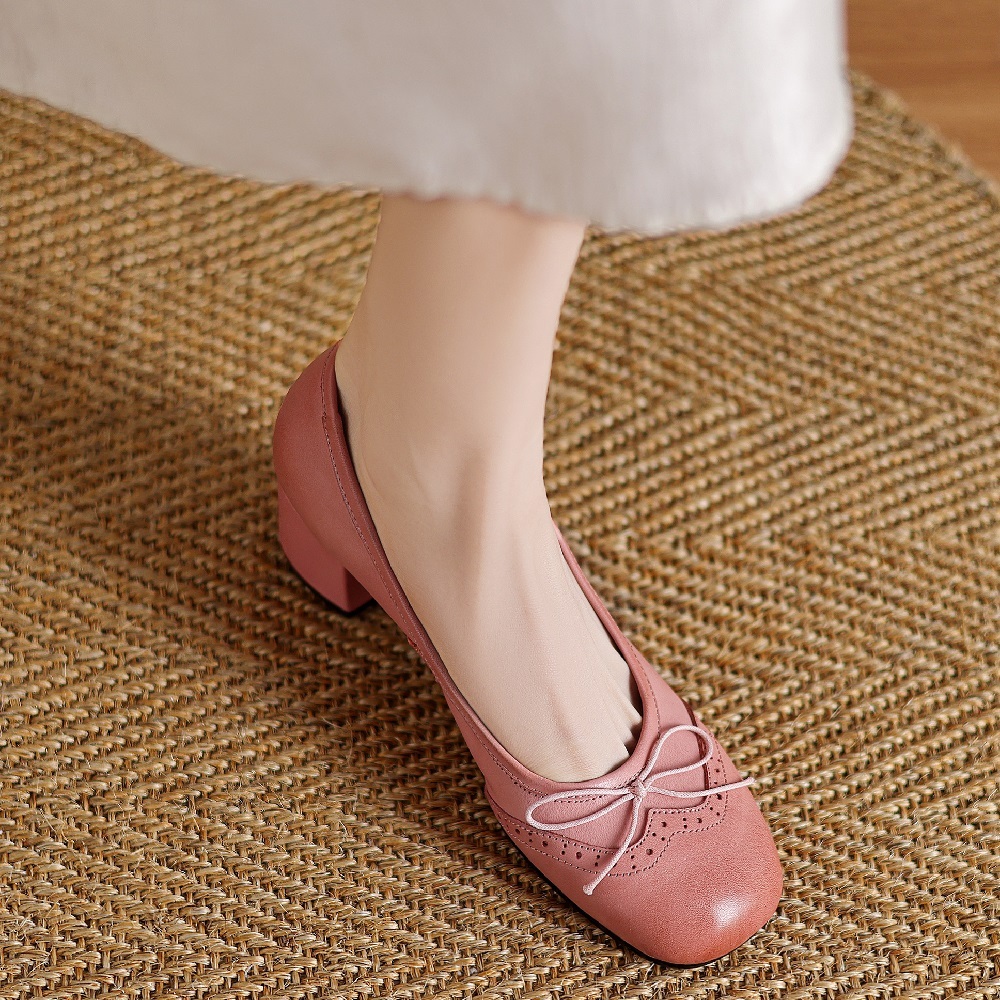 Women Genuine Leather Bow Brogue Carved 5 CM Block Heel Slip On Shallow Mouth Sweet Retro Mary Jane Spring Autumn High Heels 60429