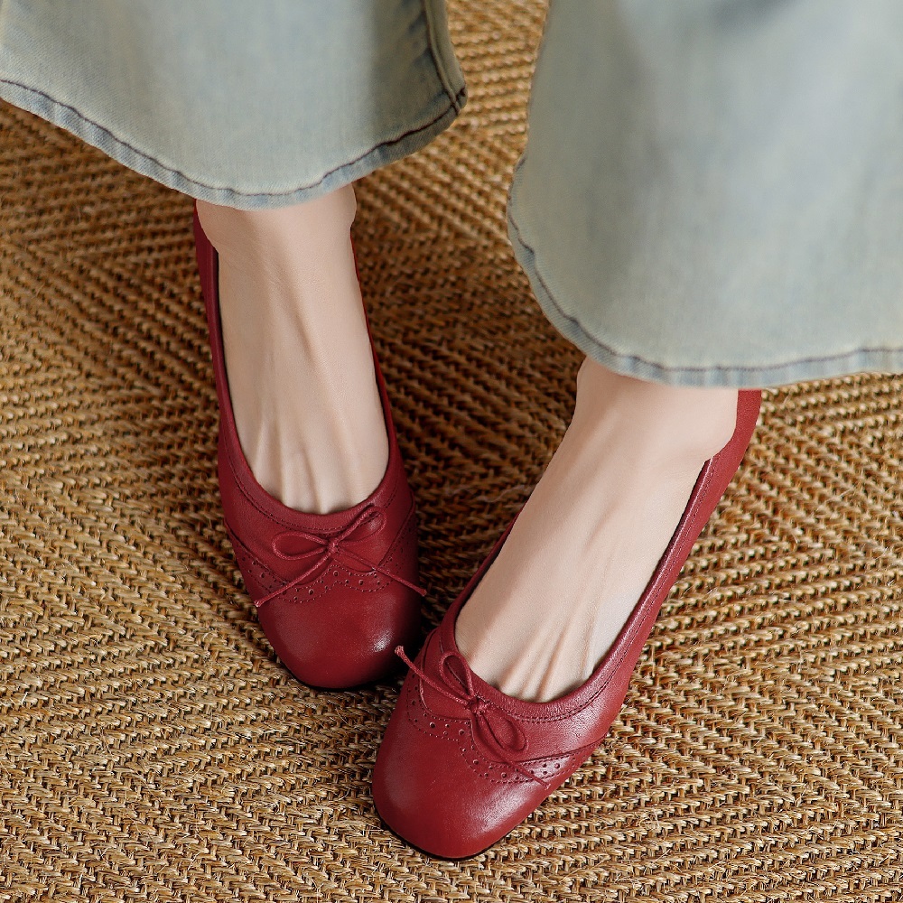 Women Genuine Leather Bow Brogue Carved 5 CM Block Heel Slip On Shallow Mouth Sweet Retro Mary Jane Spring Autumn High Heels 60429