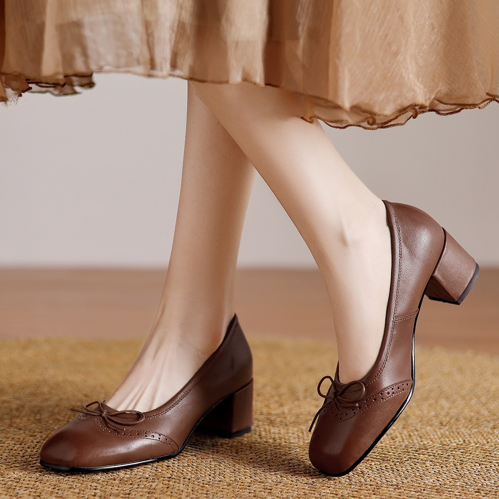 Women Genuine Leather Bow Brogue Carved 5 CM Block Heel Slip On Shallow Mouth Sweet Retro Mary Jane Spring Autumn High Heels 60429