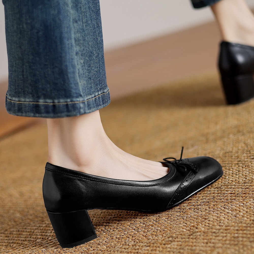 Women Genuine Leather Bow Brogue Carved 5 CM Block Heel Slip On Shallow Mouth Sweet Retro Mary Jane Spring Autumn High Heels 60429