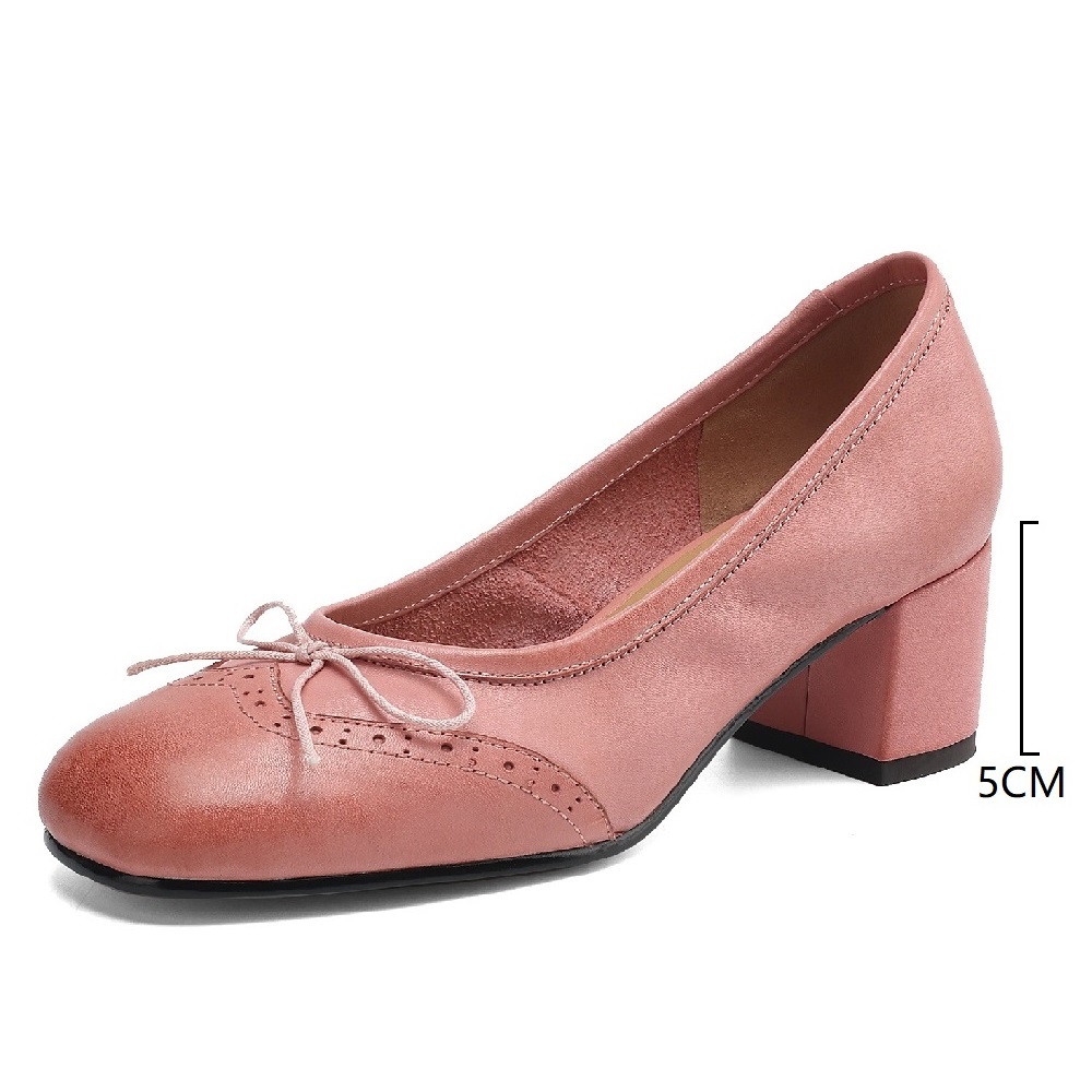 Women Genuine Leather Bow Brogue Carved 5 CM Block Heel Slip On Shallow Mouth Sweet Retro Mary Jane Spring Autumn High Heels 60429