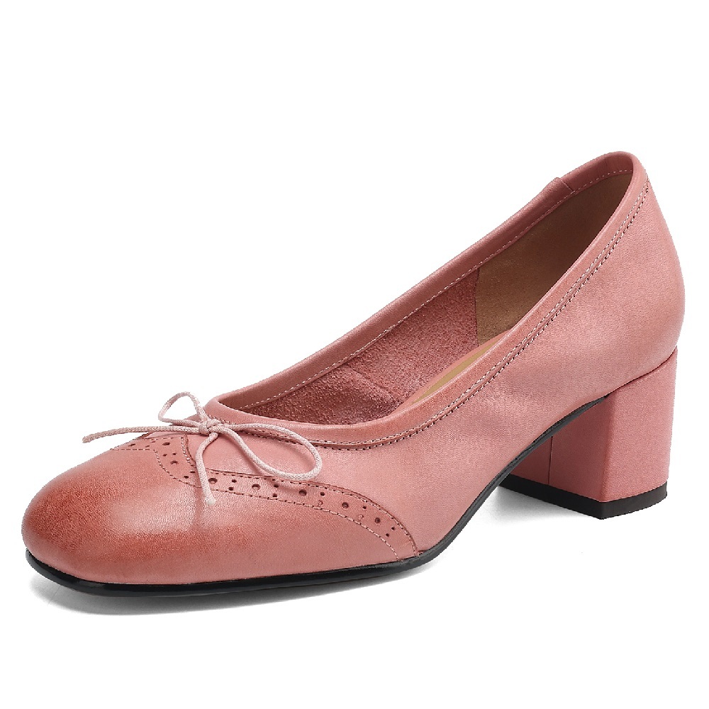 Women Genuine Leather Bow Brogue Carved 5 CM Block Heel Slip On Shallow Mouth Sweet Retro Mary Jane Spring Autumn High Heels 60429
