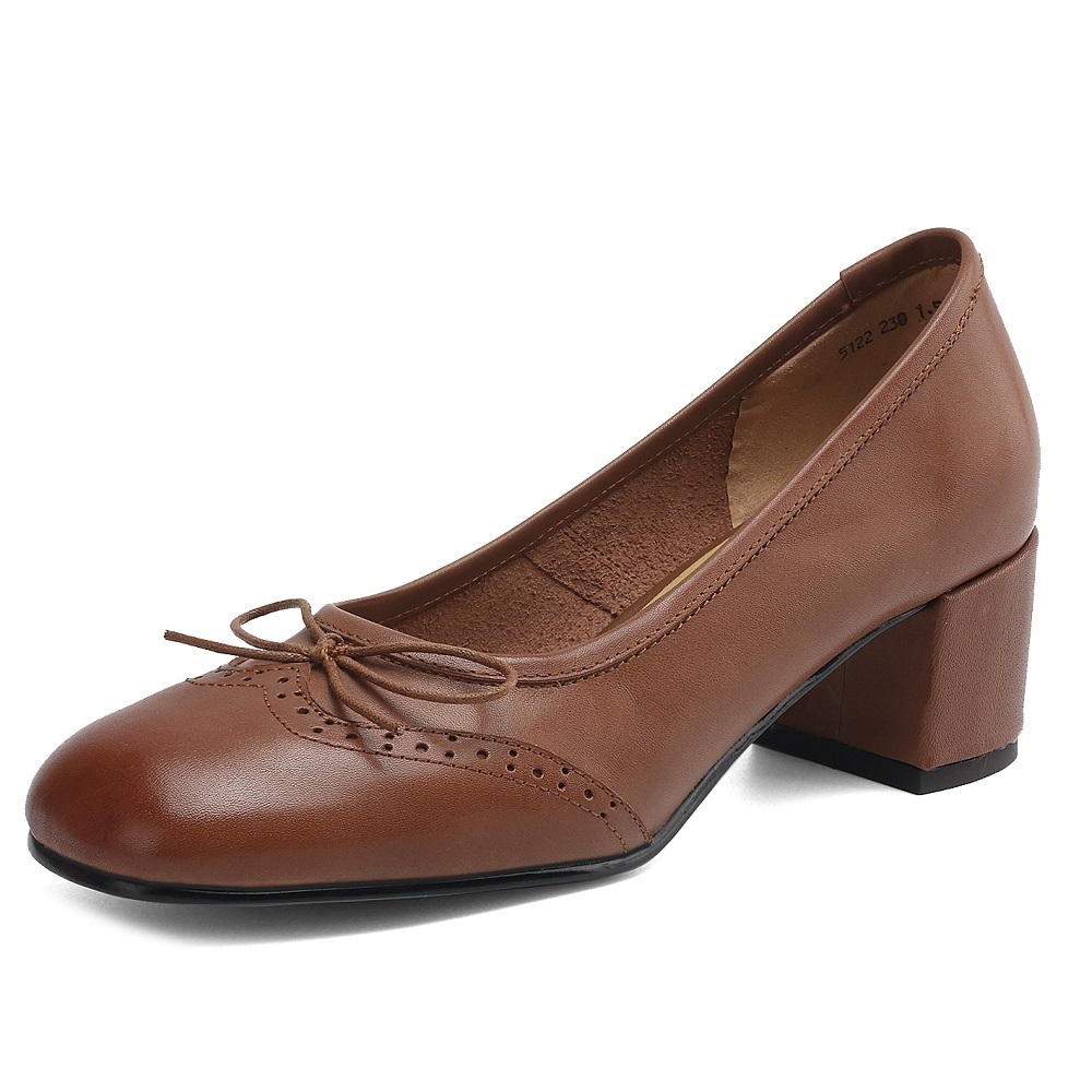 Women Genuine Leather Bow Brogue Carved 5 CM Block Heel Slip On Shallow Mouth Sweet Retro Mary Jane Spring Autumn High Heels 60429