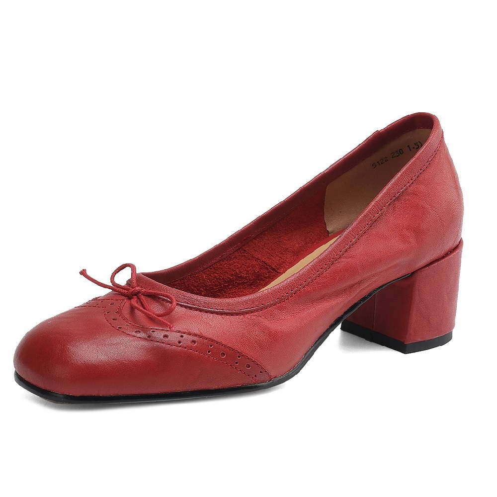 Women Genuine Leather Bow Brogue Carved 5 CM Block Heel Slip On Shallow Mouth Sweet Retro Mary Jane Spring Autumn High Heels 60429