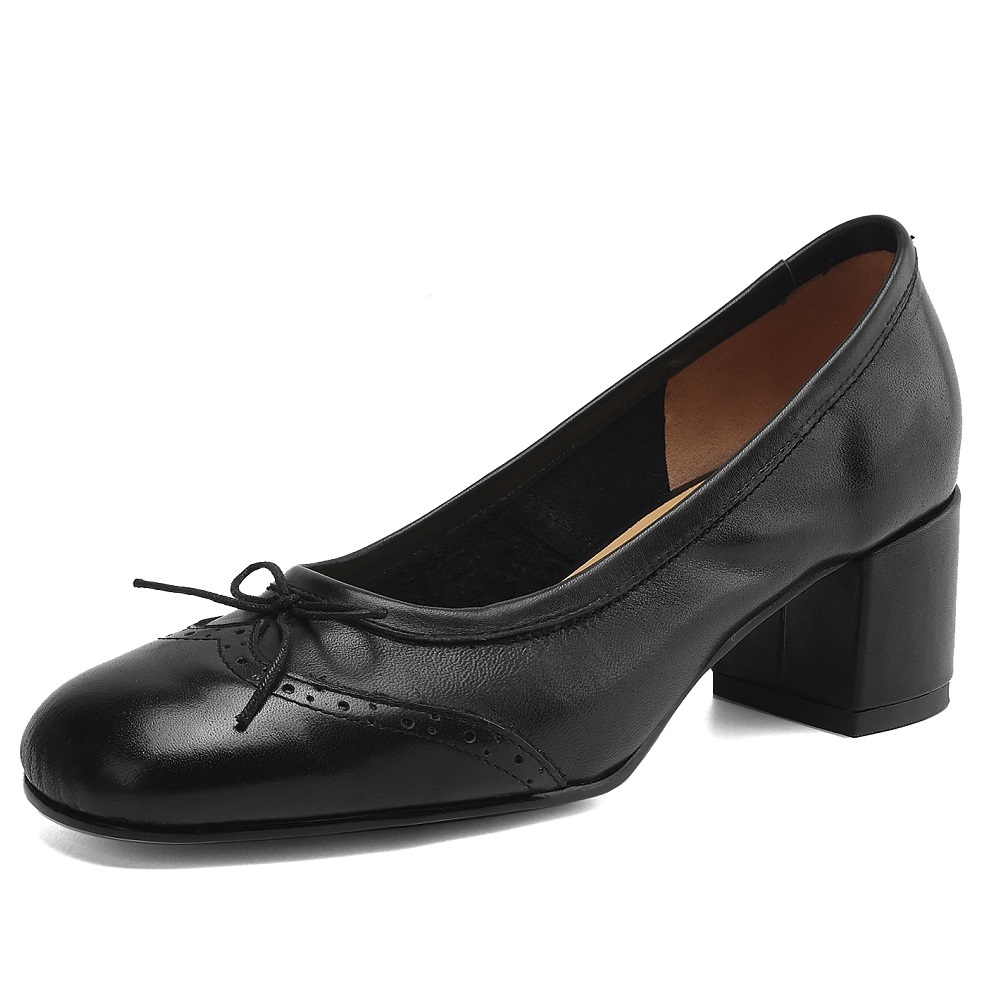 Women Genuine Leather Bow Brogue Carved 5 CM Block Heel Slip On Shallow Mouth Sweet Retro Mary Jane Spring Autumn High Heels 60429