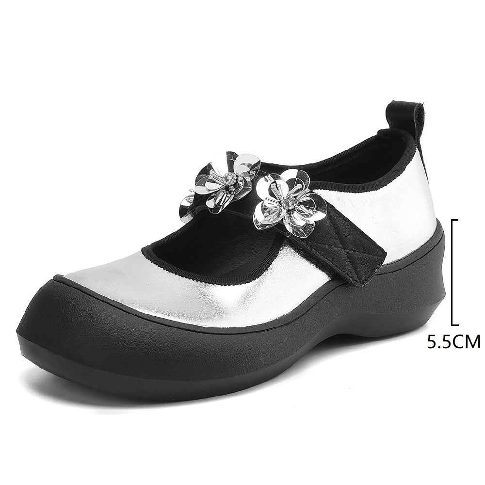 Genuine Leather Single-Strap Hook Loop Spring Summer 5.5 CM Thick Sole Casual Sequins Crystals Comfortable Women's Shoes 60429