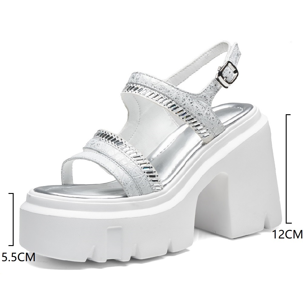 Women's Genuine Leather Gladiator Sandals Peep Toe 12 CM Block Heel Platform Crystals Cut Out Belt Buckle Summer Casual Shoes 60430