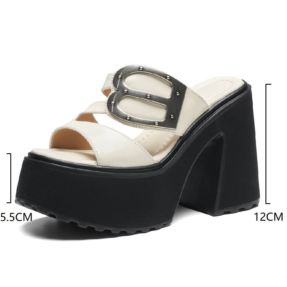 12 CM Super High Heel Genuine Leather Metal Decor Cut Out Open The Toe Summer Fashion Platform Korean Style Women's Slippers 60430