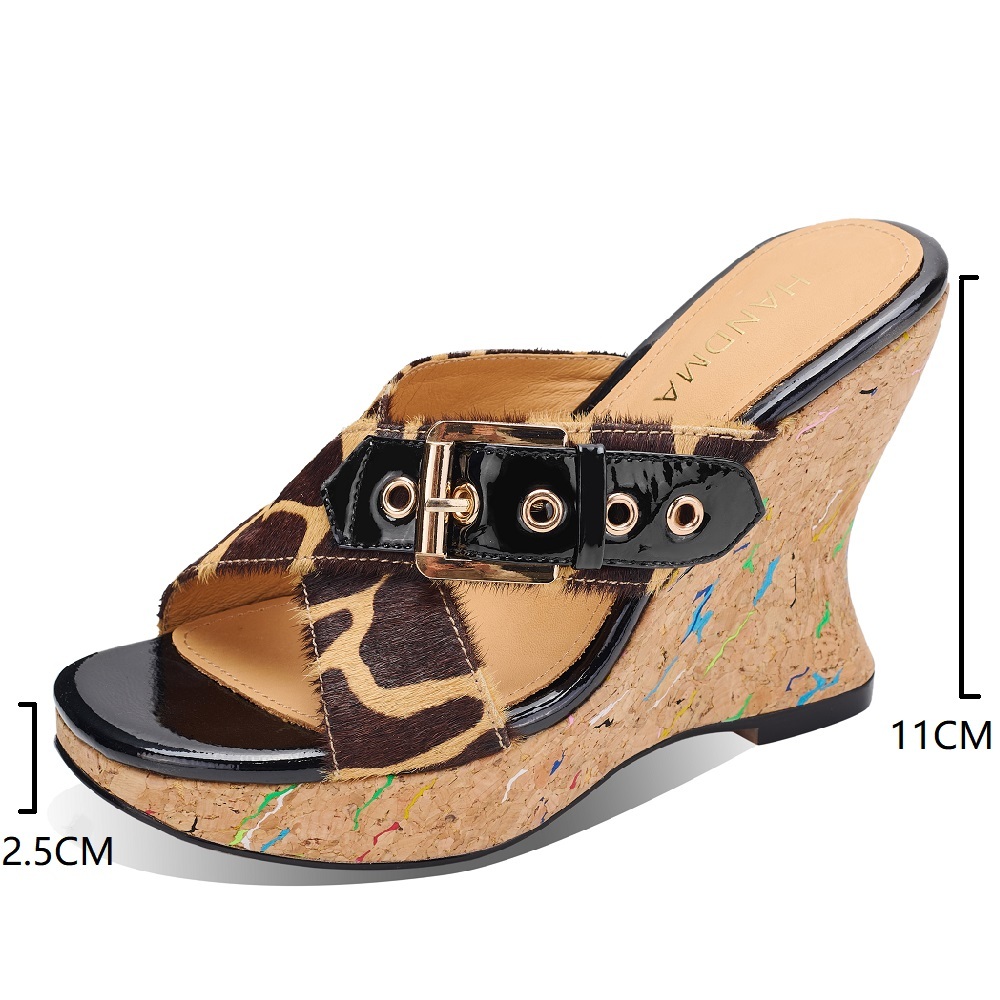 Women's Korean Style Fashion Horsehair Buckle Cut Out Cross Strap Peep Toe 11 CM Wedge Heel Leopard Print Y2K Summer Slippers 60430