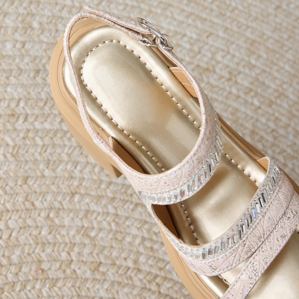Women's Genuine Leather Gladiator Sandals Peep Toe 12 CM Block Heel Platform Crystals Cut Out Belt Buckle Summer Casual Shoes 60430
