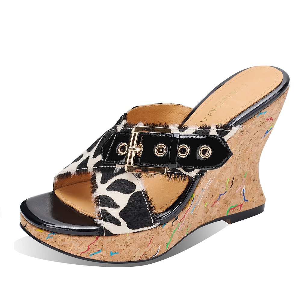 Women's Korean Style Fashion Horsehair Buckle Cut Out Cross Strap Peep Toe 11 CM Wedge Heel Leopard Print Y2K Summer Slippers 60430