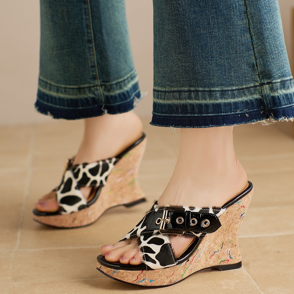 Women's Korean Style Fashion Horsehair Buckle Cut Out Cross Strap Peep Toe 11 CM Wedge Heel Leopard Print Y2K Summer Slippers 60430