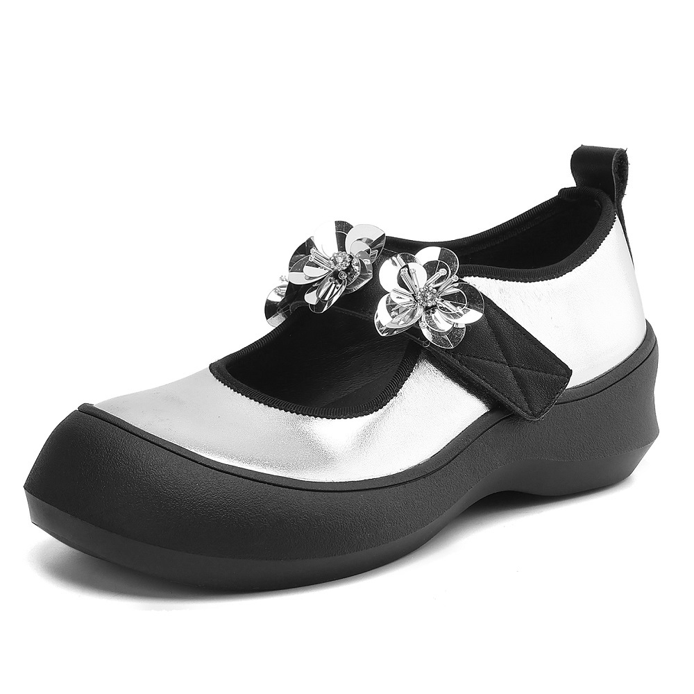 Genuine Leather Single-Strap Hook Loop Spring Summer 5.5 CM Thick Sole Casual Sequins Crystals Comfortable Women's Shoes 60429