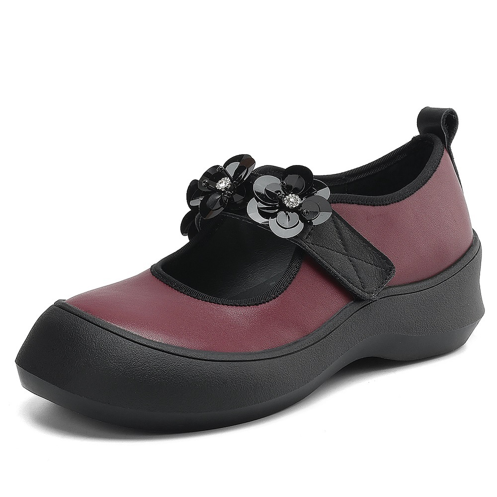 Genuine Leather Single-Strap Hook Loop Spring Summer 5.5 CM Thick Sole Casual Sequins Crystals Comfortable Women's Shoes 60429