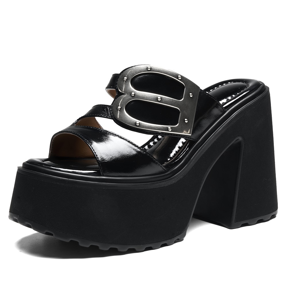 12 CM Super High Heel Genuine Leather Metal Decor Cut Out Open The Toe Summer Fashion Platform Korean Style Women's Slippers 60430