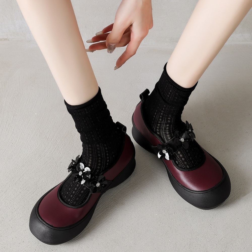 Genuine Leather Single-Strap Hook Loop Spring Summer 5.5 CM Thick Sole Casual Sequins Crystals Comfortable Women's Shoes 60429