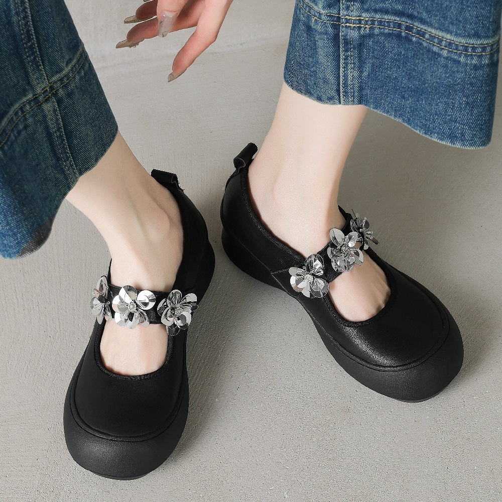 Genuine Leather Single-Strap Hook Loop Spring Summer 5.5 CM Thick Sole Casual Sequins Crystals Comfortable Women's Shoes 60429