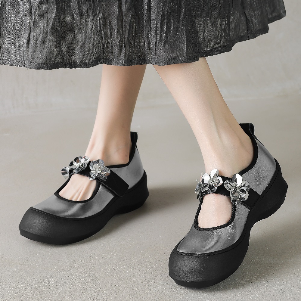 Genuine Leather Single-Strap Hook Loop Spring Summer 5.5 CM Thick Sole Casual Sequins Crystals Comfortable Women's Shoes 60429