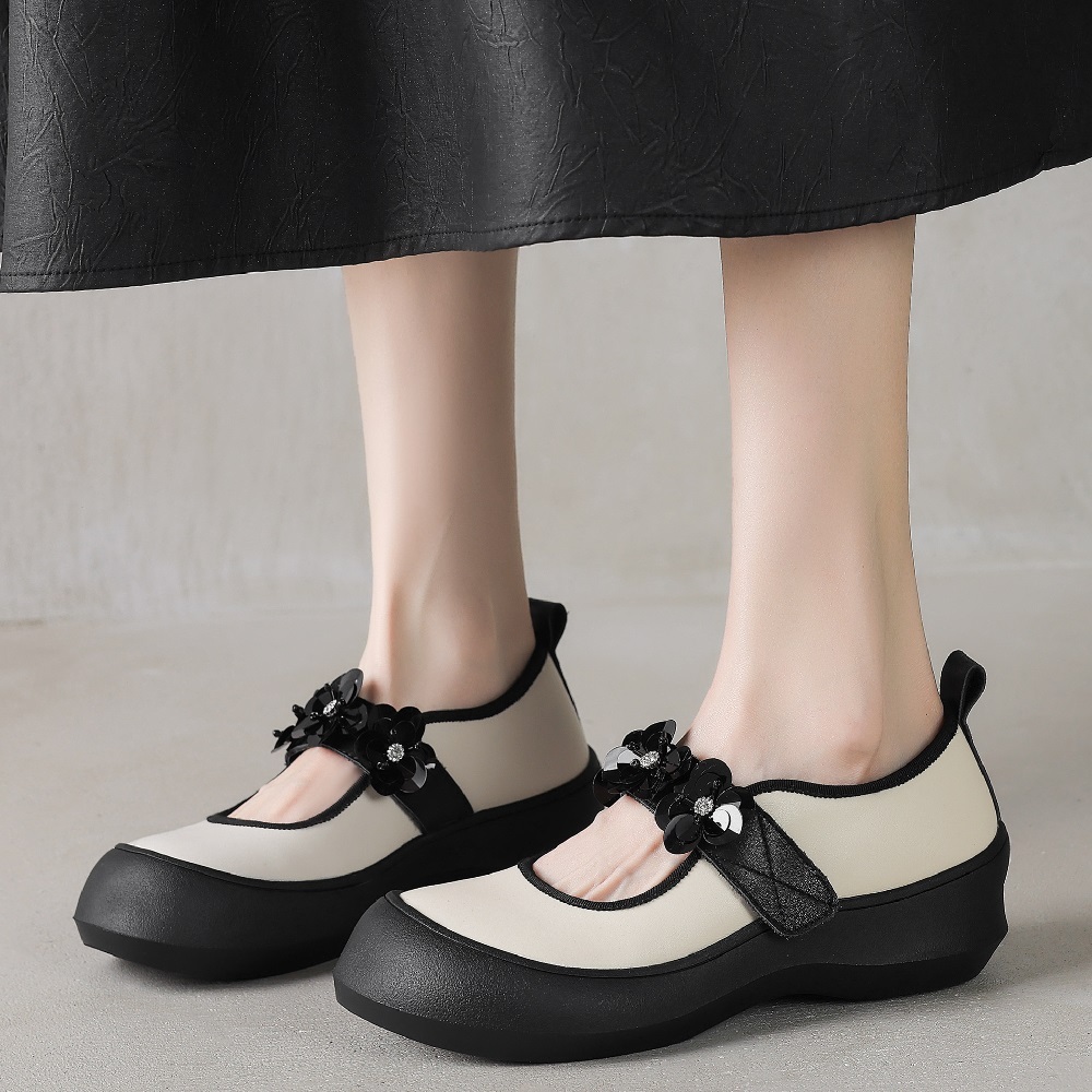 Genuine Leather Single-Strap Hook Loop Spring Summer 5.5 CM Thick Sole Casual Sequins Crystals Comfortable Women's Shoes 60429