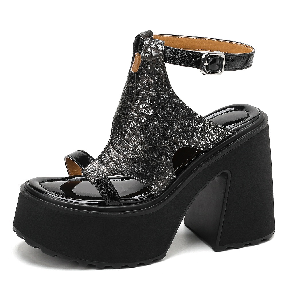 New Genuine Leather 12 CM Block Heel Open Toe One Strap Cut Out Thin Band Gladiator Sandals Women Summer Platform Heels 60430