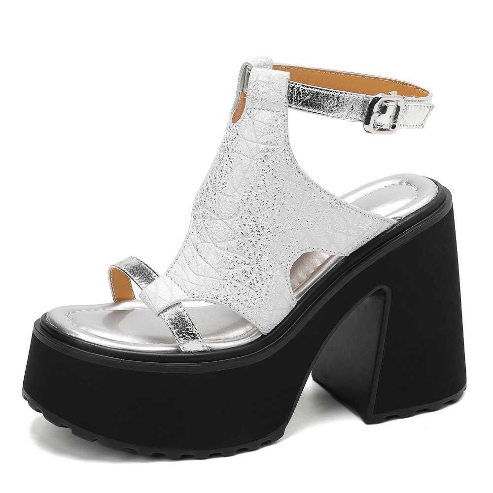 New Genuine Leather 12 CM Block Heel Open Toe One Strap Cut Out Thin Band Gladiator Sandals Women Summer Platform Heels 60430