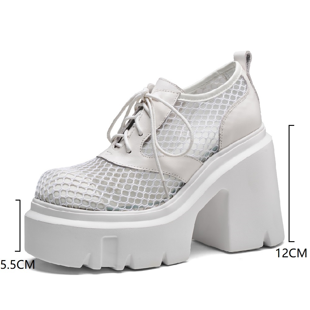 Women's Spring Summer Genuine Leather Mesh Breathable Loafers 12 CM Block Heel Platform Lace Up Hollow Out Minimalist Commuter Pumps 60511