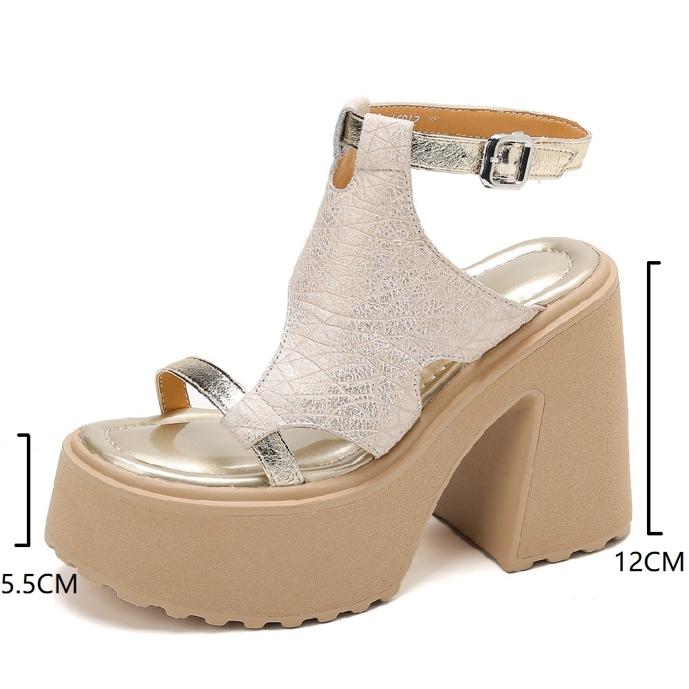 New Genuine Leather 12 CM Block Heel Open Toe One Strap Cut Out Thin Band Gladiator Sandals Women Summer Platform Heels 60430