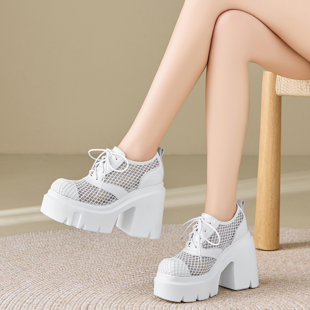 Women's Spring Summer Genuine Leather Mesh Breathable Loafers 12 CM Block Heel Platform Lace Up Hollow Out Minimalist Commuter Pumps 60511