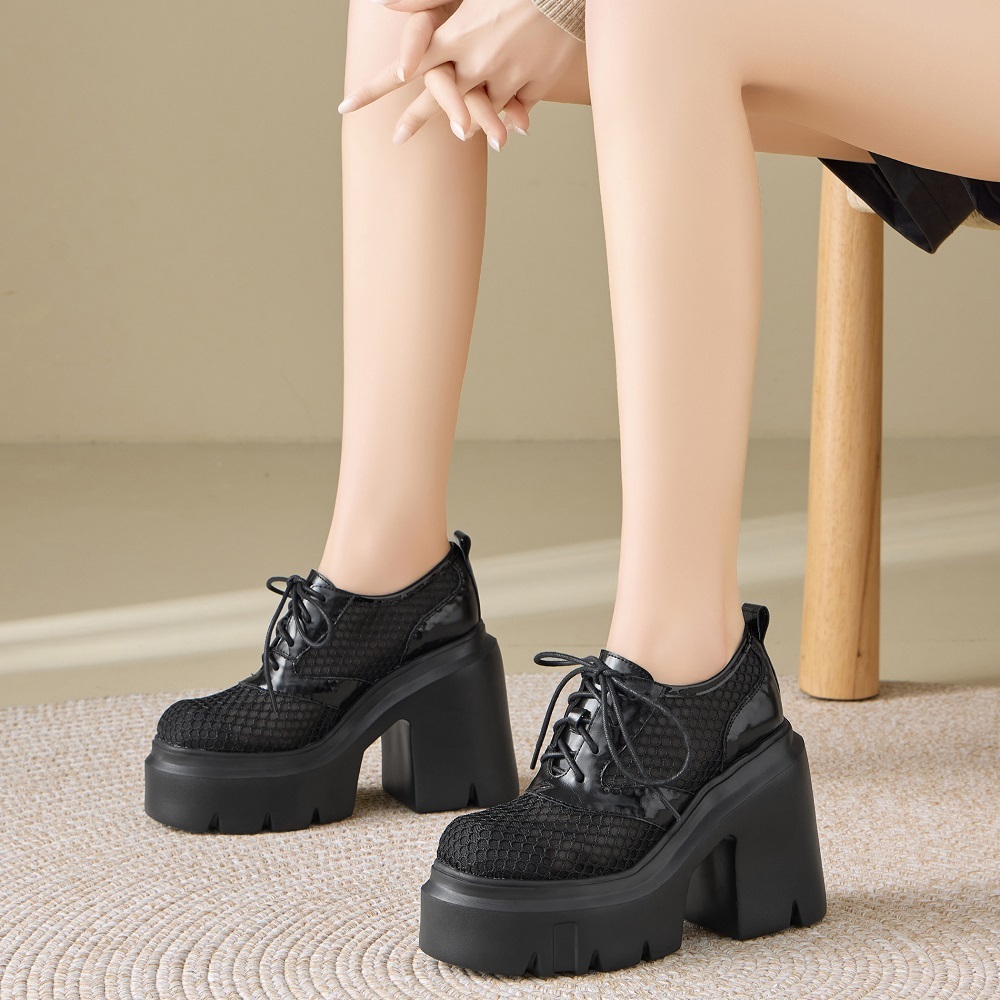 Women's Spring Summer Genuine Leather Mesh Breathable Loafers 12 CM Block Heel Platform Lace Up Hollow Out Minimalist Commuter Pumps 60511