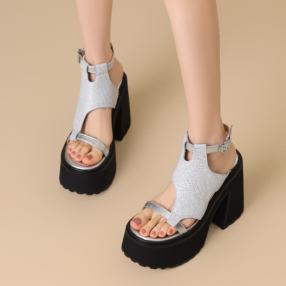New Genuine Leather 12 CM Block Heel Open Toe One Strap Cut Out Thin Band Gladiator Sandals Women Summer Platform Heels 60430