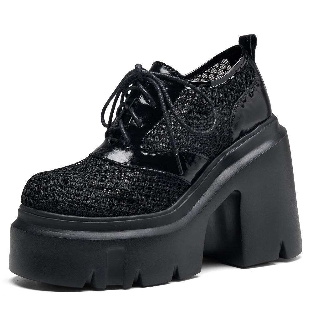 Women's Spring Summer Genuine Leather Mesh Breathable Loafers 12 CM Block Heel Platform Lace Up Hollow Out Minimalist Commuter Pumps 60511