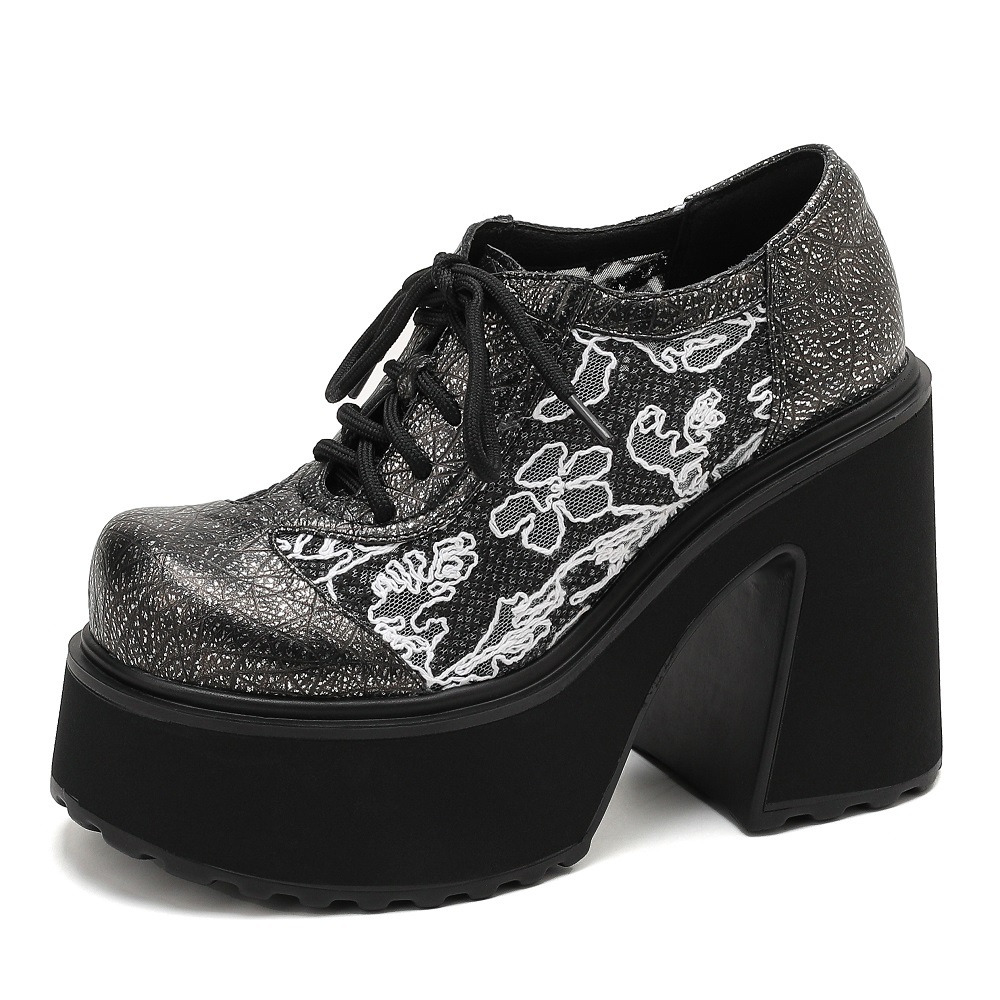 Women's Spring Summer Genuine Leather Lace Up Lace Embroidered 12 CM Block Heel Sweet Cool Retro Slim Embossed Glitter Versatile Pumps 60512