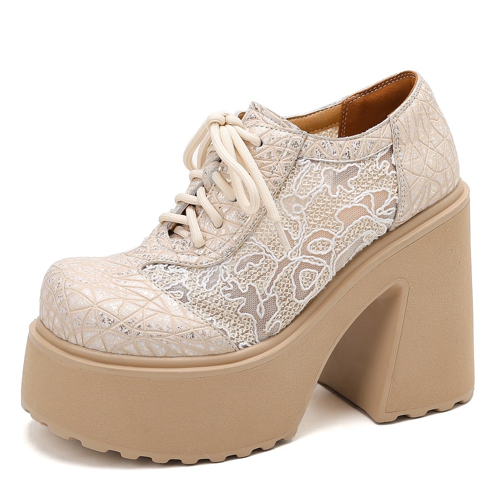 Women's Spring Summer Genuine Leather Lace Up Lace Embroidered 12 CM Block Heel Sweet Cool Retro Slim Embossed Glitter Versatile Pumps 60512